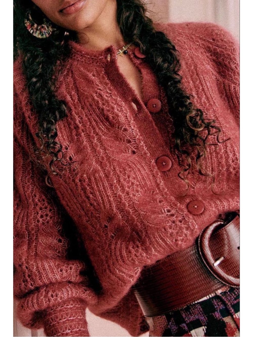 SEZANE Rosewood Red Pink Mohair Wool Knit Alma Cardigan Balloon Sleeve Sweater